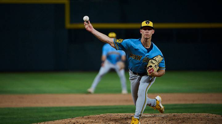 Jun 9, 2026; Summerlin, Nevada, USA; Milwaukee Brewers pitcher Coleman Crow (57) pitches during the seventh inning of the game against the Athletics at Las Vegas Ballpark. Mandatory Credit: Jeffery Bennett-Imagn Images Jun 9, 2026; Summerlin, Nevada, USA; Milwaukee Brewers pitcher Coleman Crow (57) pitches during the seventh inning of the game against the Athletics at Las Vegas Ballpark. Mandatory Credit: Jeffery Bennett-Imagn Images