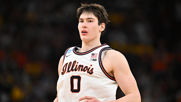 Mar 28, 2026; Houston, TX, USA; Illinois Fighting Illini forward David Mirkovic (0) looks on in the second half against the Illinois Fighting Illini during the Elite Eight.