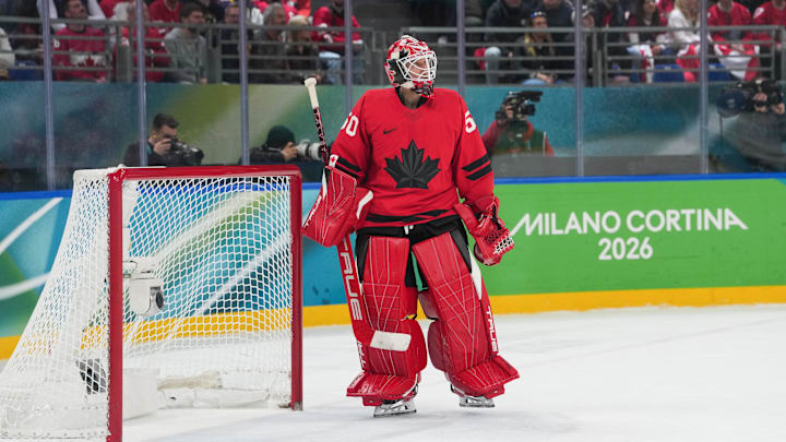 Feb 20, 2026; Milan, Italy; Jordan Binnington (50) of Canada looks on during the first period against Finland in a men's ice hockey semifinal during the Milano Cortina 2026 Olympic Winter Games at Milano Santagiulia Ice Hockey Arena. Mandatory Credit: James Lang-Imagn Images Feb 20, 2026; Milan, Italy; Jordan Binnington (50) of Canada looks on during the first period against Finland in a men's ice hockey semifinal during the Milano Cortina 2026 Olympic Winter Games at Milano Santagiulia Ice Hockey Arena. Mandatory Credit: James Lang-Imagn Images