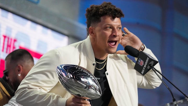 Apr 27, 2023; Kansas City, MO, USA; Kansas City Chiefs quarterback Patrick Mahomes greets fans during the first round of the 2023 NFL Draft at Union Station. Mandatory Credit: Kirby Lee-Imagn Images