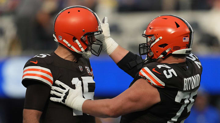 Dec 3, 2023; Inglewood, California, USA; Cleveland Browns quarterback Joe Flacco (15) celebrates