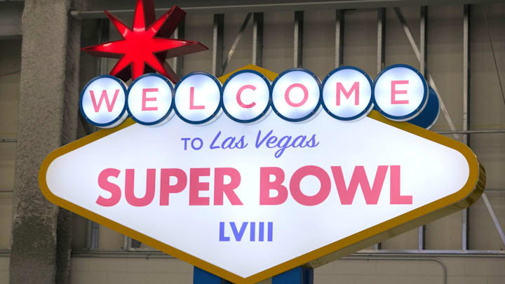 Feb 4, 2024; Las Vegas, NV, USA; A Welcome to Las Vegas Super Bowl 58 at team arrivals at the Harry