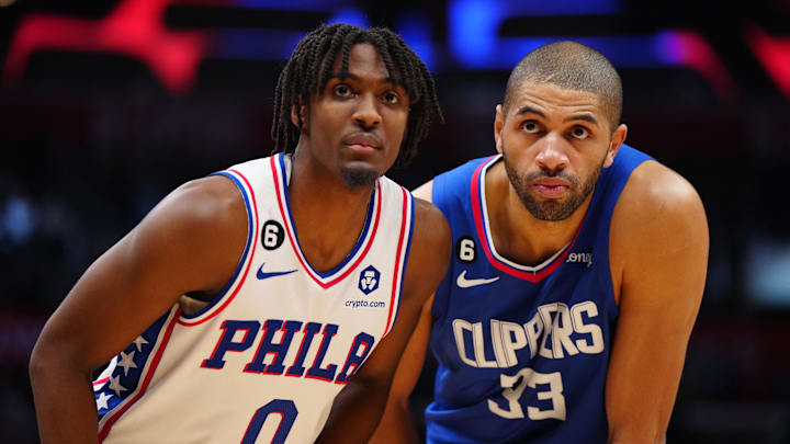 Jan 17, 2023; Los Angeles, California, USA; Philadelphia 76ers guard Tyrese Maxey (0) and LA Clippers forward Nicolas Batum (33) react in the second half at Crypto.com Arena. Mandatory Credit: Kirby Lee-Imagn Images Jan 17, 2023; Los Angeles, California, USA; Philadelphia 76ers guard Tyrese Maxey (0) and LA Clippers forward Nicolas Batum (33) react in the second half at Crypto.com Arena. Mandatory Credit: Kirby Lee-Imagn Images