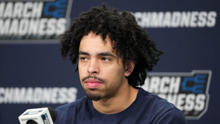 Mar 22, 2025; Wichita, KS, USA; Gonzaga Bulldogs guard Ryan Nembhard during press conference at Intrust Bank Arena.