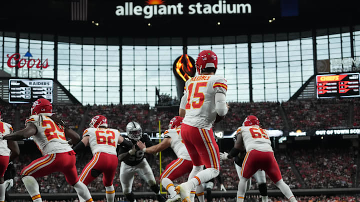 Oct 27, 2024; Paradise, Nevada, USA; A general overall view as Kansas City Chiefs quarterback Patrick Mahomes (15) throws the ball against the Las Vegas Raiders in the second half at Allegiant Stadium. Mandatory Credit: Kirby Lee-Imagn Images