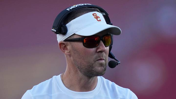 Oct 21, 2023; Los Angeles, California, USA; Southern California Trojans head coach Lincoln Riley watches from the sidelines against the Utah Utes in the first half at United Airlines Field at Los Angeles Memorial Coliseum. Mandatory Credit: Kirby Lee-USA TODAY Sports Oct 21, 2023; Los Angeles, California, USA; Southern California Trojans head coach Lincoln Riley watches from the sidelines against the Utah Utes in the first half at United Airlines Field at Los Angeles Memorial Coliseum. Mandatory Credit: Kirby Lee-USA TODAY Sports