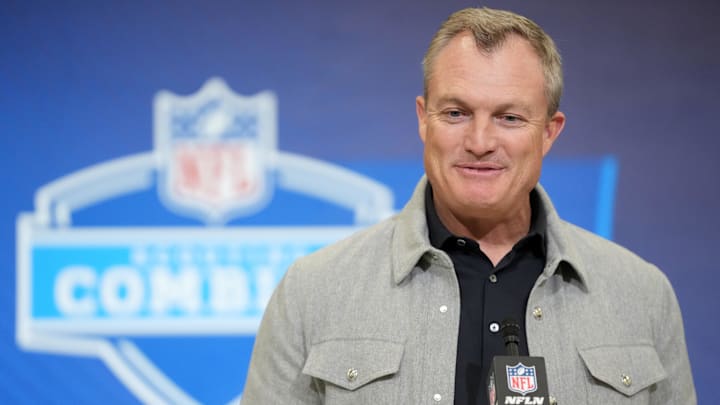 Feb 24, 2026; Indianapolis, IN, USA; San Francisco 49ers general manager John Lynch speaks at the NFL Scouting Combine at the Indiana Convention Center. Mandatory Credit: Kirby Lee-Imagn Images