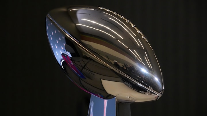 Feb 2, 2026; San Jose, CA, USA; The Vince Lombardi trophy at Super Bowl LX press conference at San Jose Convention Center. Mandatory Credit: Kirby Lee-Imagn Images