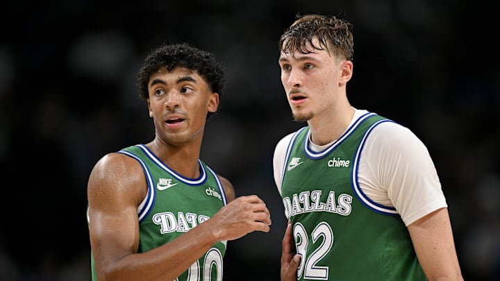 Oct 26, 2025; Dallas, Texas, USA; Dallas Mavericks guard Max Christie (00) talks with forward Cooper Flagg (32) during the second half against the Toronto Raptors at the American Airlines Center. Mandatory Credit: Jerome Miron-Imagn Images Oct 26, 2025; Dallas, Texas, USA; Dallas Mavericks guard Max Christie (00) talks with forward Cooper Flagg (32) during the second half against the Toronto Raptors at the American Airlines Center. Mandatory Credit: Jerome Miron-Imagn Images