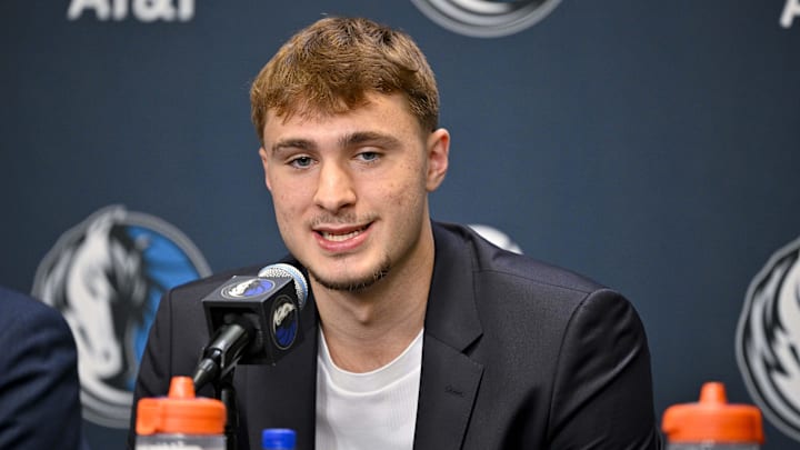 Jun 27, 2025; Dallas, TX, USA; Dallas Mavericks first overall pick Cooper Flagg speaks to the media 