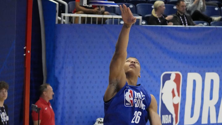 May 13, 2025; Chicago, Il, USA; Jeremiah Fears (26) participates in the 2025 NBA Draft Combine at Wintrust Arena. Mandatory Credit: David Banks-Imagn Images