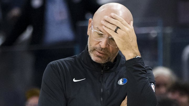 Feb 23, 2025; San Francisco, California, USA; Dallas Mavericks head coach Jason Kidd reacts during the second quarter of the game against the Golden State Warriors at Chase Center. Mandatory Credit: John Hefti-Imagn Images Feb 23, 2025; San Francisco, California, USA; Dallas Mavericks head coach Jason Kidd reacts during the second quarter of the game against the Golden State Warriors at Chase Center. Mandatory Credit: John Hefti-Imagn Images