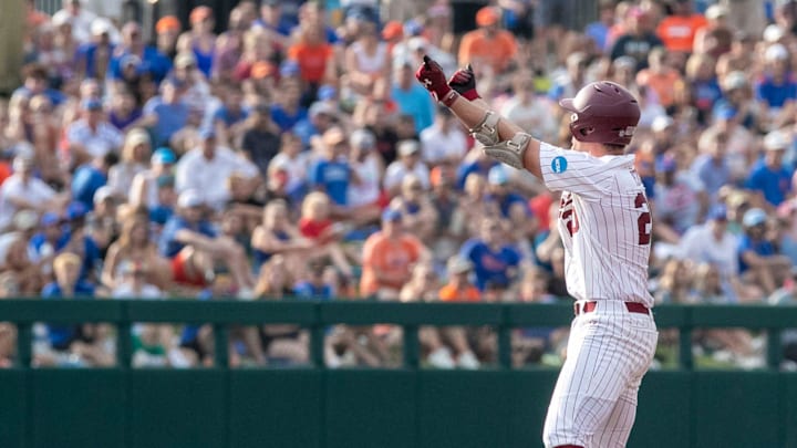 Gamecocks utility Ethan Petry (20) with a double in Game 2 of the NCAA Super Regional against Florida, Saturday, June 10, 2023, at Condron Family Ballpark in Gainesville, Florida. The Gators beat the Gamecocks 4-0 and are headed to the College World Series in Omaha.  [Cyndi Chambers/ Gainesville Sun] 2023