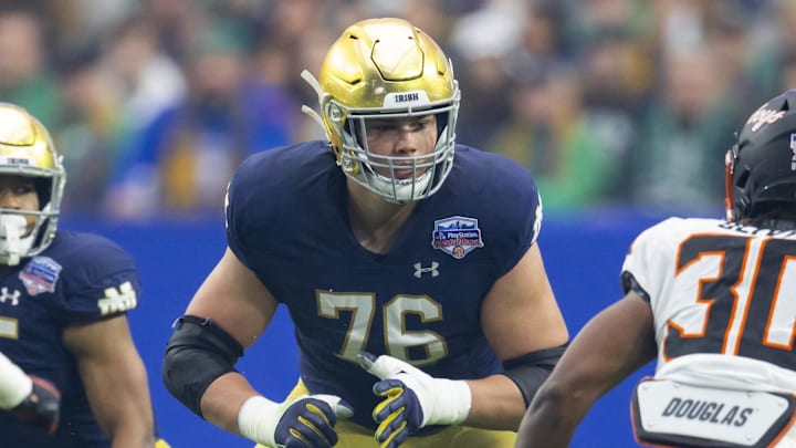 Jan 1, 2022; Glendale, Arizona, USA; Notre Dame Fighting Irish offensive lineman Joe Alt (76) Jan 1, 2022; Glendale, Arizona, USA; Notre Dame Fighting Irish offensive lineman Joe Alt (76)