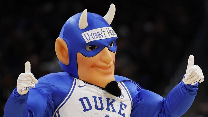 Mar 29, 2026; Washington, DC, USA; The Duke Blue Devils mascot Blue Devil cheers on the court during a timeout against the UConn Huskies in an Elite Eight game of the East Regional of the men's 2026 NCAA Tournament at Capital One Arena.