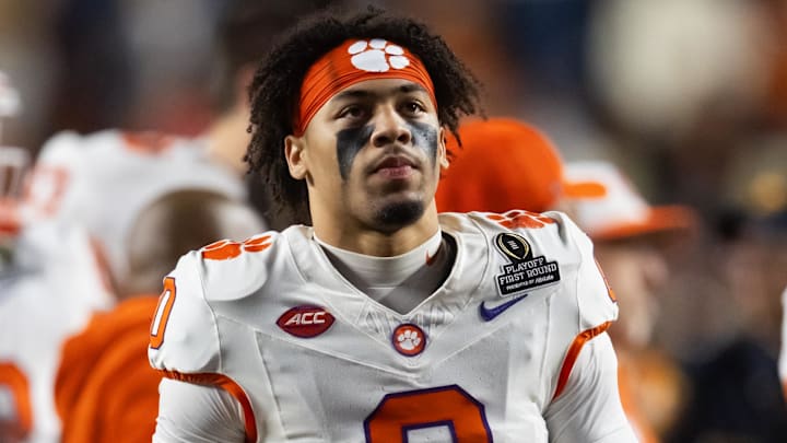 Dec 21, 2024; Austin, Texas, USA; Clemson Tigers wide receiver Antonio Williams (0) against the Texas Longhorns during the CFP National playoff first round at Darrell K Royal-Texas Memorial Stadium. Mandatory Credit: Mark J. Rebilas-Imagn Images