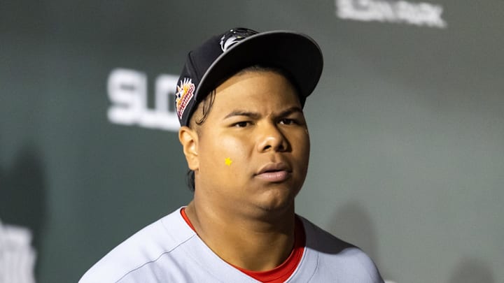 Nov 9, 2025; Mesa, AZ, USA; Cincinnati Reds catcher Alfredo Duno during the Arizona Fall League Fall Stars Game at Sloan Park. Mandatory Credit: Mark J. Rebilas-Imagn Images