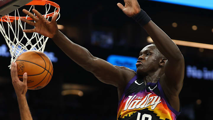 Feb 22, 2026; Phoenix, Arizona, USA; Phoenix Suns center Khaman Maluach (10) defends against Portland Trail Blazers forward Kris Murray (24) in the second half at Mortgage Matchup Center. Mandatory Credit: Mark J. Rebilas-Imagn Images
