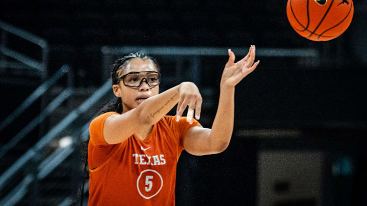 Texas Longhorns guard Laila Phelia (5) makes a pass during practice in the Moody Center, Oct. 2, 2024. The Longhorns start their season with an exhibition match against UT-Tyler on Oct. 31.