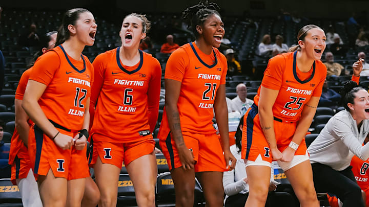 Mia Zenere (12), Irene Noya Catoira (6), Naomi Benson (21) and Haven Smith (25) react during the Illinois women's basketball team's 70-62 win over Missouri on Wednesday in Columbia, Missouri. Mia Zenere (12), Irene Noya Catoira (6), Naomi Benson (21) and Haven Smith (25) react during the Illinois women's basketball team's 70-62 win over Missouri on Wednesday in Columbia, Missouri.