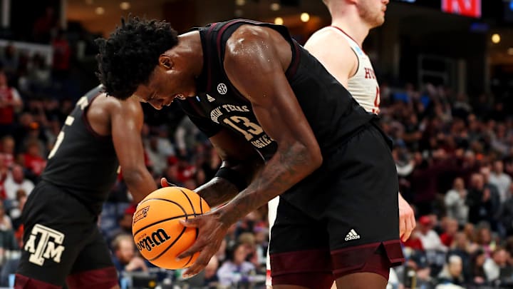 Mar 22, 2024; Memphis, TN, USA;  Texas A&M Aggies forward Solomon Washington (13) reacts after a