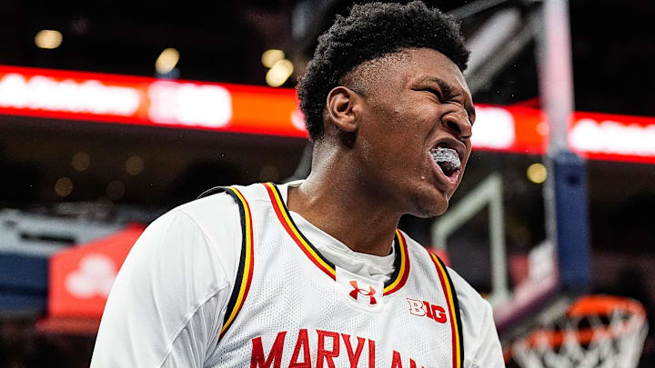 Maryland center Derik Queen (25) celebrates a play against Michigan during the second half of Big Ten Tournament semifinal at Gainbridge Fieldhouse in Indianapolis, Ind. on Saturday, March 15, 2025.