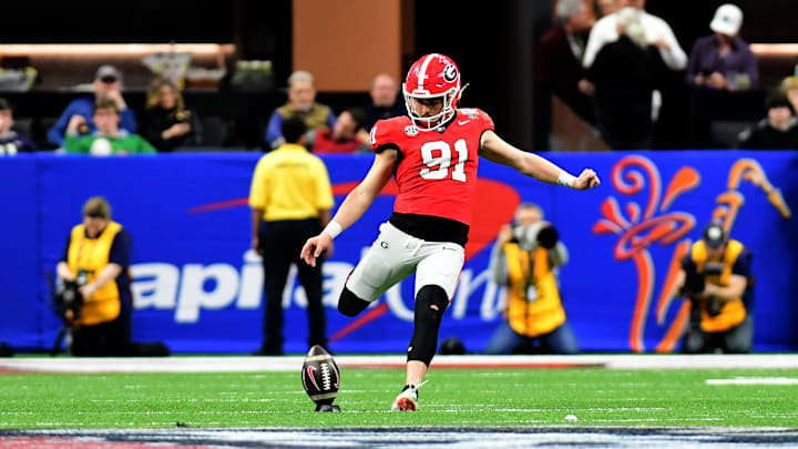 Peyton Woodring kicking off in the 91st Allstate Sugar Bowl versus Notre Dame.