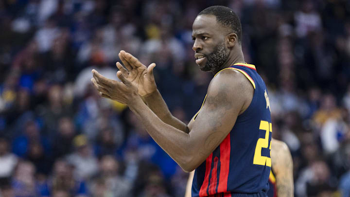 Nov 27, 2024; San Francisco, California, USA; Golden State Warriors forward Draymond Green (23) reacts during the first half of the game against the Oklahoma City Thunder at Chase Center. Mandatory Credit: John Hefti-Imagn Images