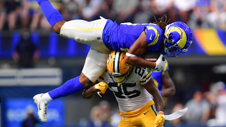 Rams wide receiver Demarcus Robinson (15) catches a pass againt Green Bay Packers cornerback Keisean Nixon (25).