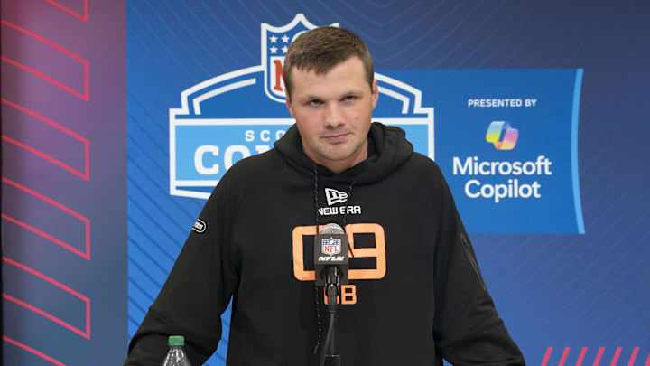 Feb 28, 2025; Indianapolis, IN, USA; Syracuse quarterback Kyle McCord (QB09) talks to the press during the 2025 NFL Combine at Indiana Convention Center. Feb 28, 2025; Indianapolis, IN, USA; Syracuse quarterback Kyle McCord (QB09) talks to the press during the 2025 NFL Combine at Indiana Convention Center.