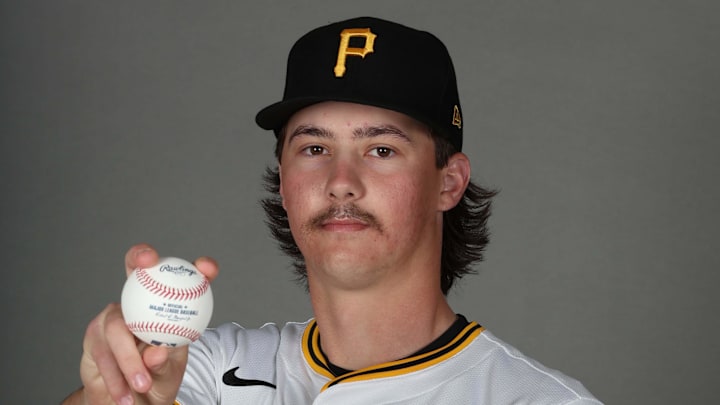 Feb 18, 2025; Bradenton, FL, USA; Pittsburgh Pirates pitcher Bubba Chandler (57) poses for a photo during media day at Pirate City. Mandatory Credit: Kim Klement Neitzel-Imagn Images