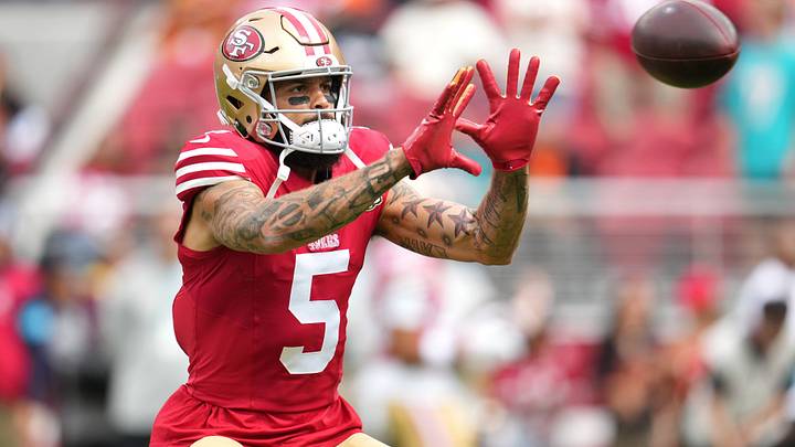 Sep 20, 2026; Santa Clara, California, USA; San Francisco 49ers wide receiver Mike Evans (5) warms up prior to the game against the Miami Dolphins at Levi's Stadium. Sep 20, 2026; Santa Clara, California, USA; San Francisco 49ers wide receiver Mike Evans (5) warms up prior to the game against the Miami Dolphins at Levi's Stadium.