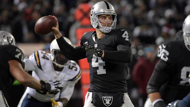 Dec 24, 2015; Oakland, CA, USA; Oakland Raiders quarterback Derek Carr (4) throws a pass against the San Diego Chargers during an NFL football game at O.co Coliseum. Mandatory Credit: Kirby Lee-Imagn Images