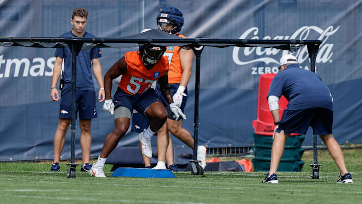 Jul 24, 2025; Englewood, CO, USA; Denver Broncos linebacker Dre Greenlaw (57) during Denver Broncos Training Camp. Mandatory Credit: Isaiah J. Downing-Imagn Images