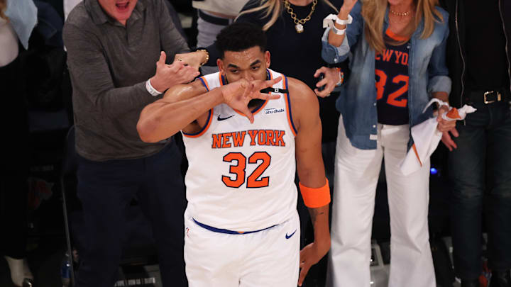 New York Knicks center Karl-Anthony Towns celebrates after scoring on a three point shot against the Indiana Pacers.