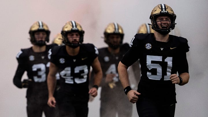 Vanderbilt Commodores long snapper Daniel Gaw (51) reacts as he runs onto the field against South Carolina Gamecocks at the FirstBank Stadium in Nashville, Tenn., Saturday, Nov. 9, 2024.