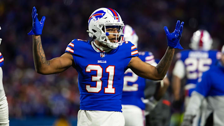 Buffalo Bills cornerback Rasul Douglas (31) reacts against the Kansas City Chiefs in the 2024 AFC divisional round game at Highmark Stadium. Buffalo Bills cornerback Rasul Douglas (31) reacts against the Kansas City Chiefs in the 2024 AFC divisional round game at Highmark Stadium.