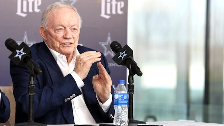 Dallas Cowboys owner Jerry Jones speaks to the media at a press conference at the Star. Dallas Cowboys owner Jerry Jones speaks to the media at a press conference at the Star.