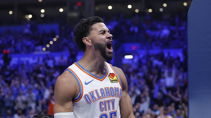 Oct 28, 2025; Oklahoma City, Oklahoma, USA; Oklahoma City Thunder guard Ajay Mitchell (25) celebrates after scoring against the Sacramento Kings during the second half at Paycom Center. Mandatory Credit: Alonzo Adams-Imagn Images