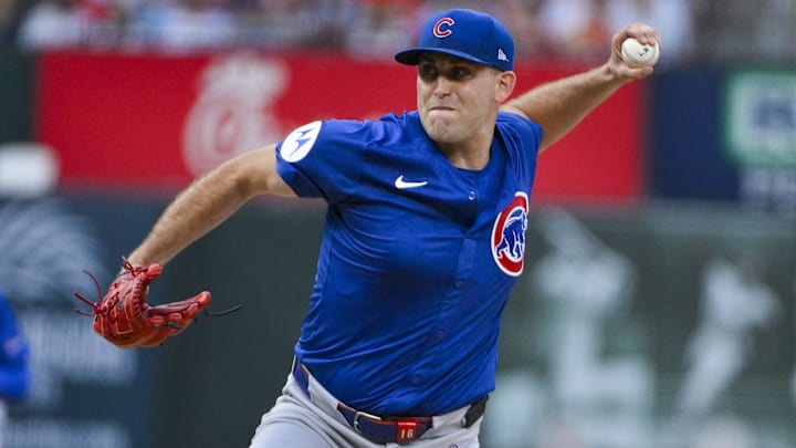 Aug 8, 2025; St. Louis, Missouri, USA; Chicago Cubs starting pitcher Matthew Boyd (16) pitches against the St. Louis Cardinals during the first inning at Busch Stadium. Aug 8, 2025; St. Louis, Missouri, USA; Chicago Cubs starting pitcher Matthew Boyd (16) pitches against the St. Louis Cardinals during the first inning at Busch Stadium.
