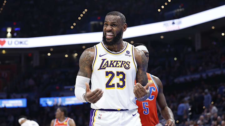Dec 23, 2023; Oklahoma City, Oklahoma, USA; Los Angeles Lakers forward LeBron James (23) reacts to an officials call during the second half against the Oklahoma City Thunder at Paycom Center. Mandatory Credit: Alonzo Adams-Imagn Images