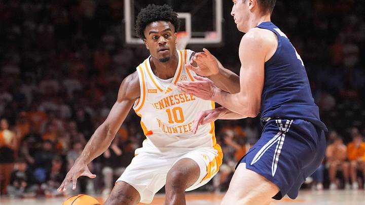 Tennessee guard Jalen Haralson (10) moves the ball while guarded by Xavier forward Filip Borovicanin (4) during a college basketball exhibition game on Oct. 15, 2026, in Knoxville, Tennessee. Tennessee guard Jalen Haralson (10) moves the ball while guarded by Xavier forward Filip Borovicanin (4) during a college basketball exhibition game on Oct. 15, 2026, in Knoxville, Tennessee.