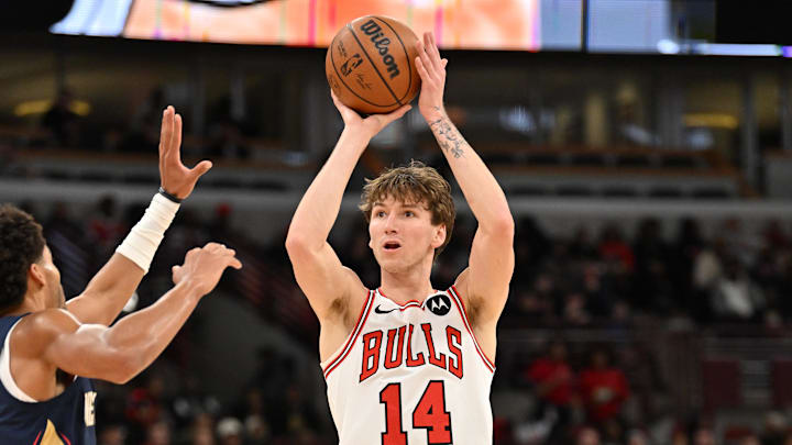 Dec 31, 2025; Chicago, Illinois, USA; Chicago Bulls forward Matas Buzelis (14) goes up for a shot against the New Orleans Pelicans during the first half at United Center. Mandatory Credit: Patrick Gorski-Imagn Images