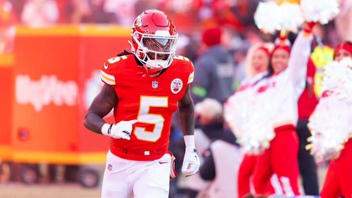 Jan 26, 2025; Kansas City, MO, USA; Kansas City Chiefs wide receiver Hollywood Brown (5) against the Buffalo Bills in the AFC Championship game at GEHA Field at Arrowhead Stadium. Mandatory Credit: Mark J. Rebilas-Imagn Images