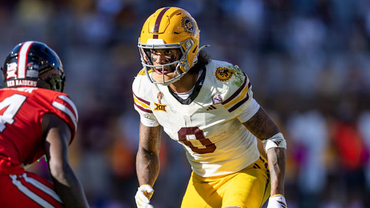 Oct 18, 2025; Tempe, Arizona, USA; Arizona State Sun Devils wide receiver Jordyn Tyson (0) against the Texas Tech Red Raiders at Mountain America Stadium. Mandatory Credit: Mark J. Rebilas-Imagn Images