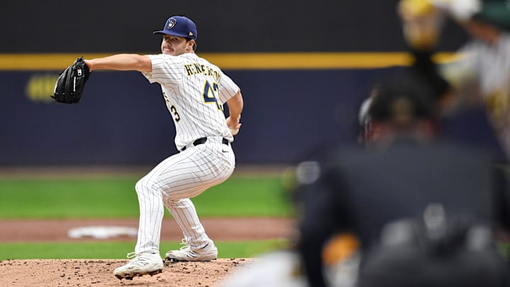 Milwaukee Brewers starting pitcher Logan Henderson (43) pitches during the second inning against the Athletics in his MLB debut at American Family Field. Milwaukee Brewers starting pitcher Logan Henderson (43) pitches during the second inning against the Athletics in his MLB debut at American Family Field.