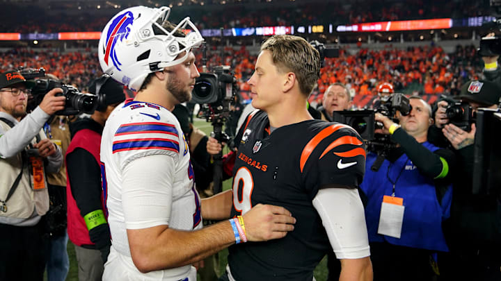 Nov 5, 2023; Cincinnati, Ohio, USA; Buffalo Bills quarterback Josh Allen (17) and Cincinnati Bengals quarterback Joe Burrow (9) shake hands at the conclusion of their game at Paycor Stadium. Mandatory Credit: Kareem Elgazzar-Imagn Images