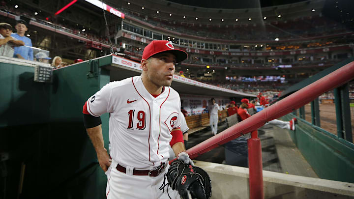 Cincinnati Reds first baseman Joey Votto (19) takes the field for the top of the eighth inning of the MLB National League game between the Cincinnati Reds and the San Diego Padres at Great American Ball Park in downtown Cincinnati on Thursday, July 1, 2021. The Reds won 5-4 on a walk-off single, with the bases loaded, off the bat of Tyler Stephenson. Cincinnati Reds first baseman Joey Votto (19) takes the field for the top of the eighth inning of the MLB National League game between the Cincinnati Reds and the San Diego Padres at Great American Ball Park in downtown Cincinnati on Thursday, July 1, 2021. The Reds won 5-4 on a walk-off single, with the bases loaded, off the bat of Tyler Stephenson.