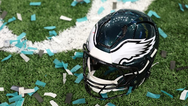 Feb 9, 2025; New Orleans, LA, USA; A Philadelphia Eagles player's helmet rests on the field after Super Bowl LIX against the Kansas City Chiefs at Caesars Superdome. Mandatory Credit: Geoff Burke-Imagn Images