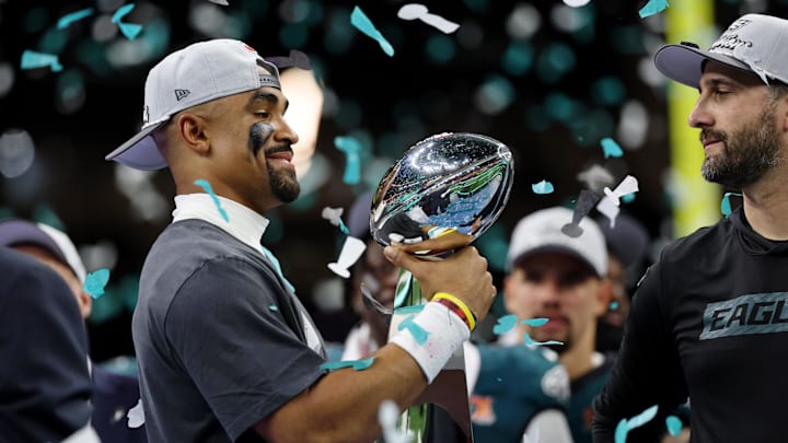 Feb 9, 2025; New Orleans, LA, USA; Philadelphia Eagles quarterback Jalen Hurts (1) celebrates after winning against Kansas City Chiefs in Super Bowl LIX at Caesars Superdome. Mandatory Credit: Geoff Burke-Imagn Images